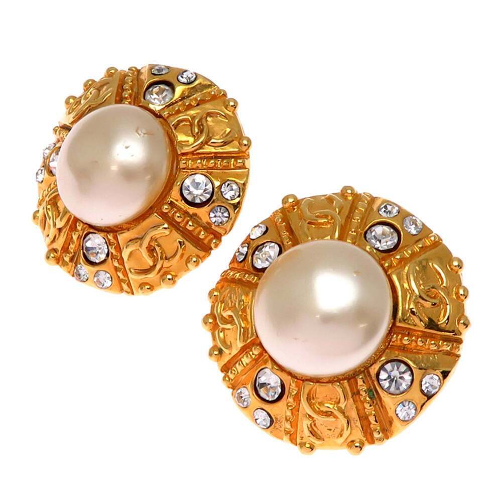 CHANEL Gold Pearl Logo Earrings